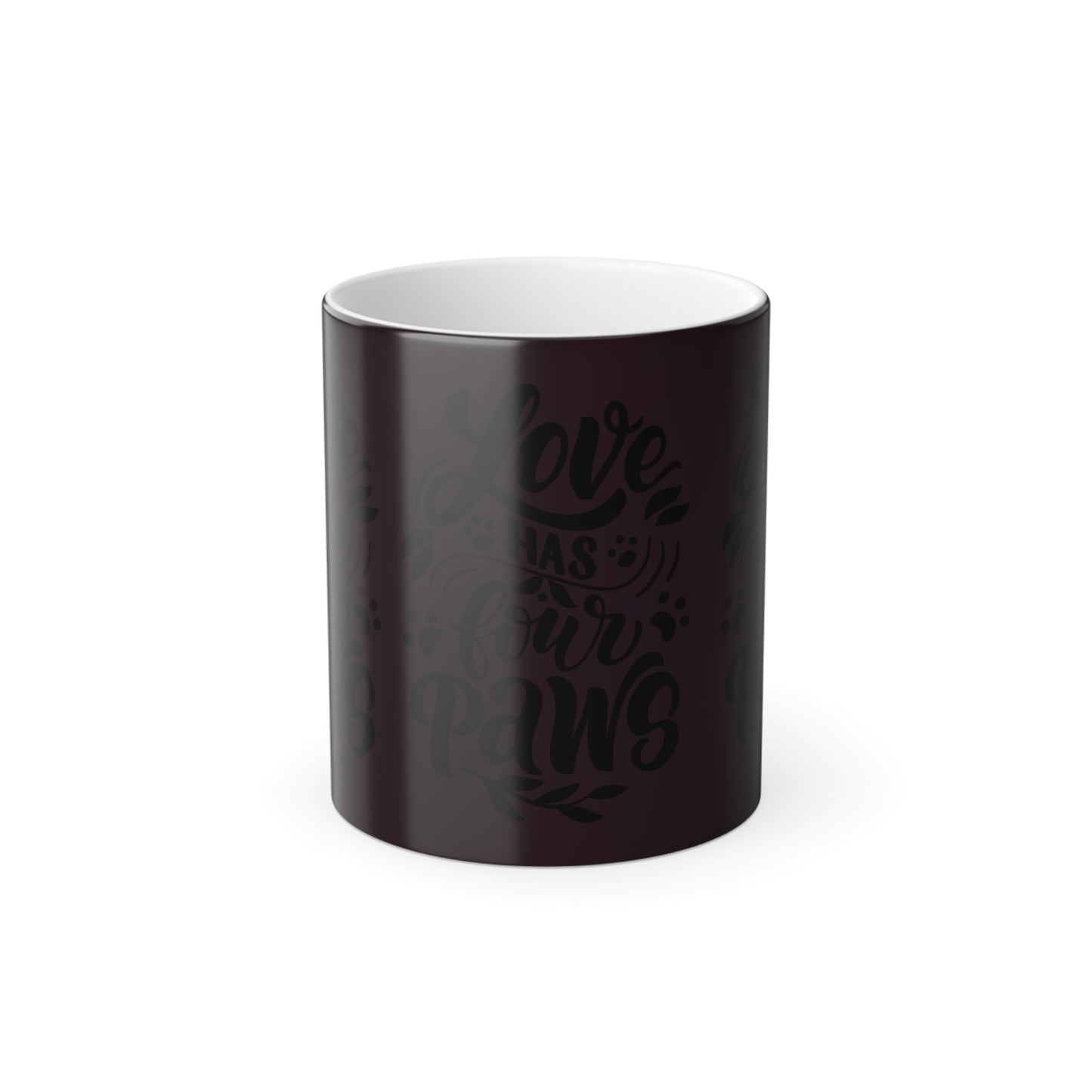 Color-Changing Mug — "Love Has Four Paws" Pink Pet Lover Coffee Cup (11 oz)