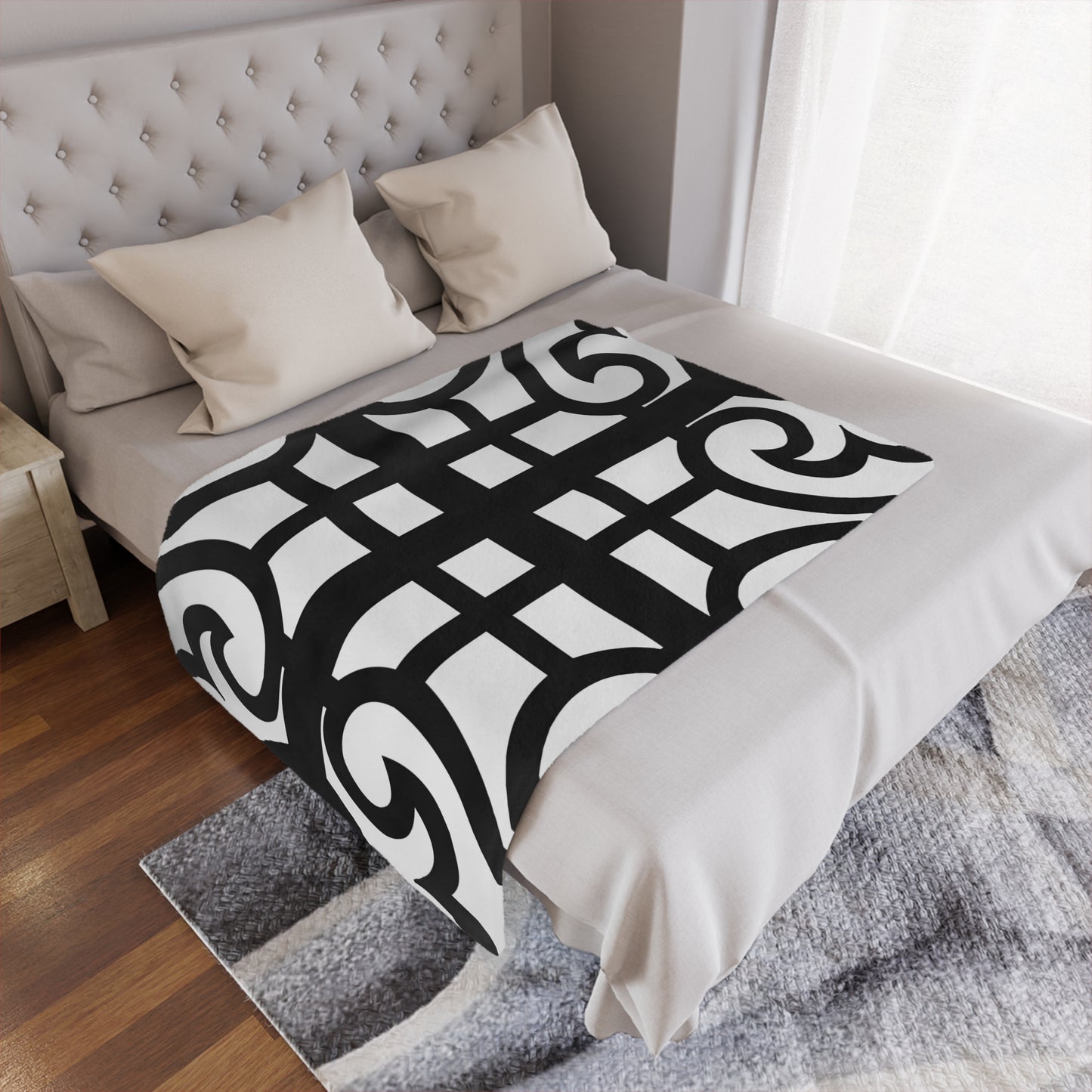 Geometric Scrolled Minky Blanket — Black & White Decorative Throw
