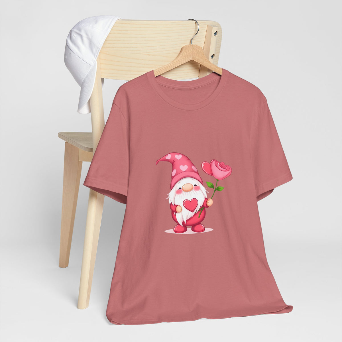 Valentine Gnome T‑Shirt — Cute Pink Gnome Holding Rose Tee