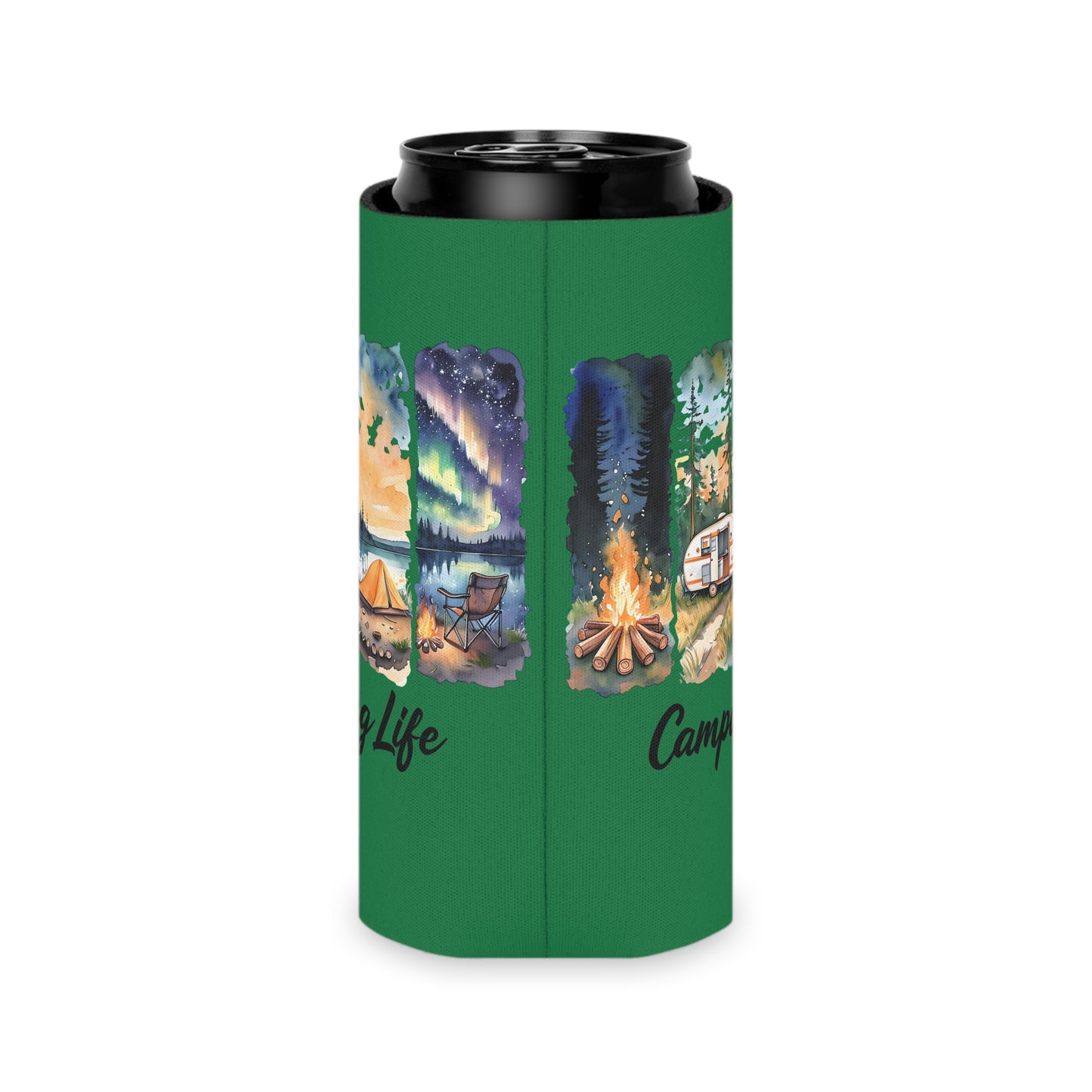 Camping Life Can Cooler – Insulated Beer Cooler with Campsite Watercolor Design
