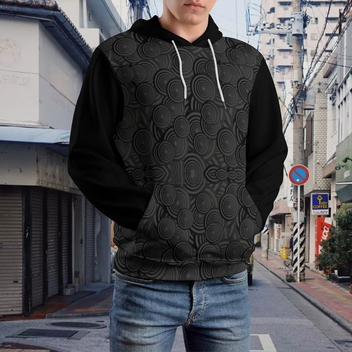 Black Pattern Unisex Cool Hoodie with Double-layer Cap