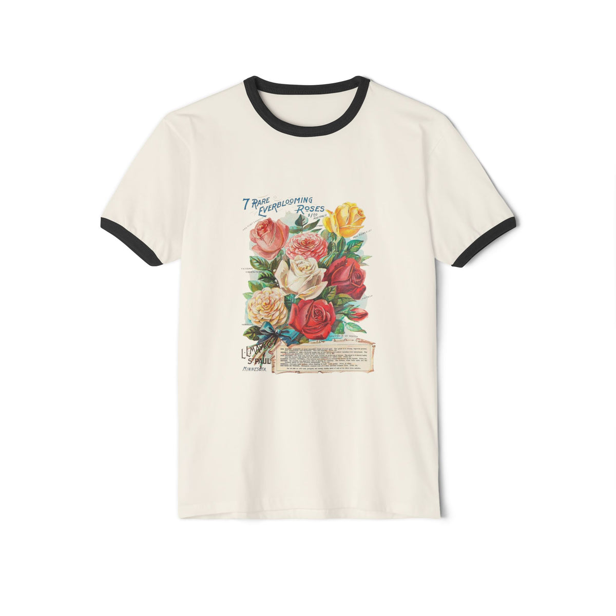 Ringer T-Shirt - Vintage Botanical Rose Bouquet (Includes Floral Text)