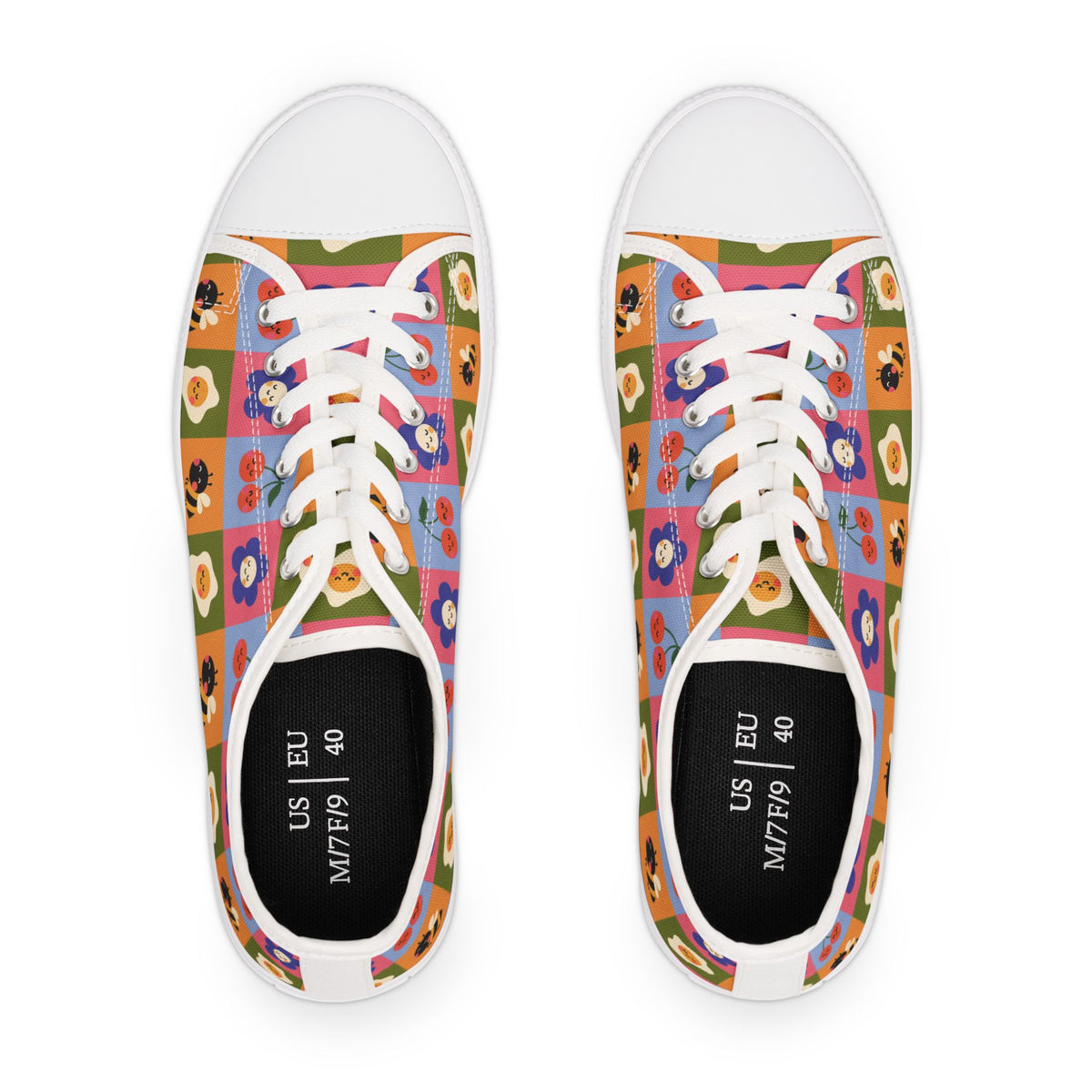 Women's Low Top Sneakers — Retro Floral & Bee Checkerboard Printed Casual Shoes