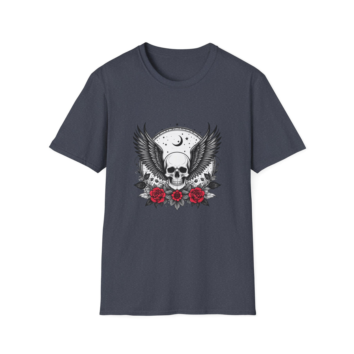 Skull Wings T‑Shirt – Crescent Moon & Red Roses Gothic Graphic Tee