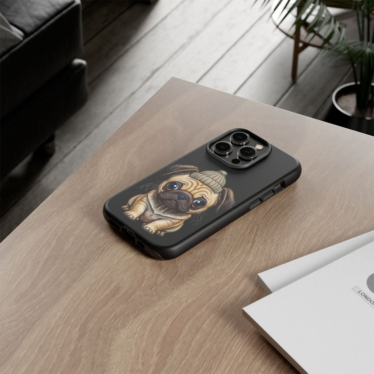 Pug Phone Case – Cute Pug Puppy Illustration on Black Tough Case