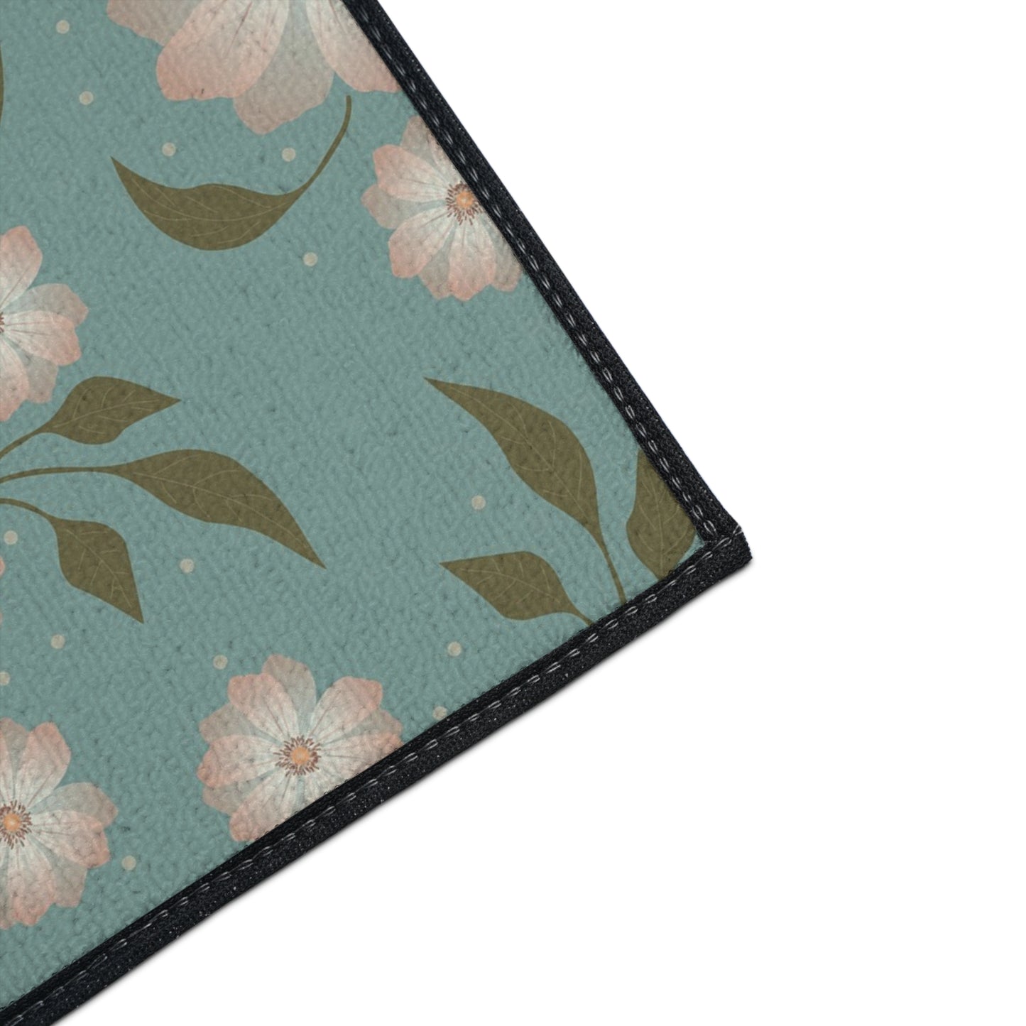 Floral Heavy-Duty Floor Mat — Teal Pastel Blossom Rug for Entryway & Kitchen
