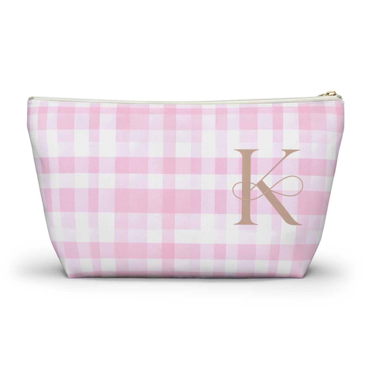Personalized Pink Gingham Accessory Pouch, Makeup Bag - Letter K