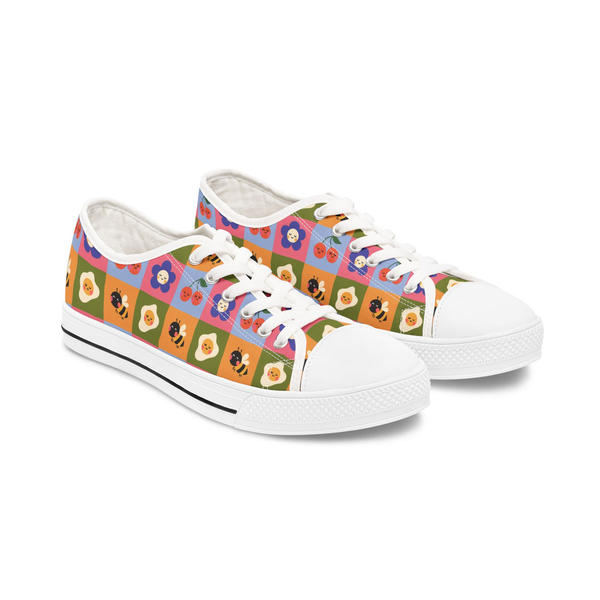 Women's Low Top Sneakers — Retro Floral & Bee Checkerboard Printed Casual Shoes