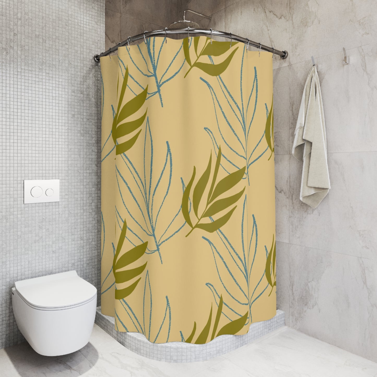 Botanical Leaf Shower Curtain — Olive & Mustard Minimalist Bathroom Decor