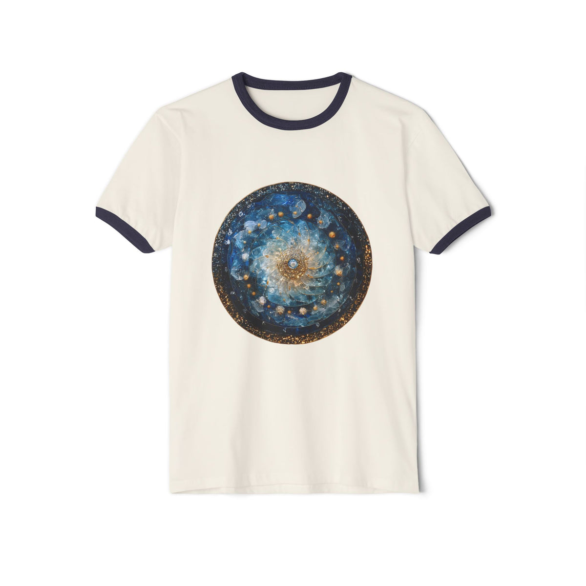 Celestial Mandala Ringer T‑Shirt — Blue Galaxy Circle Art