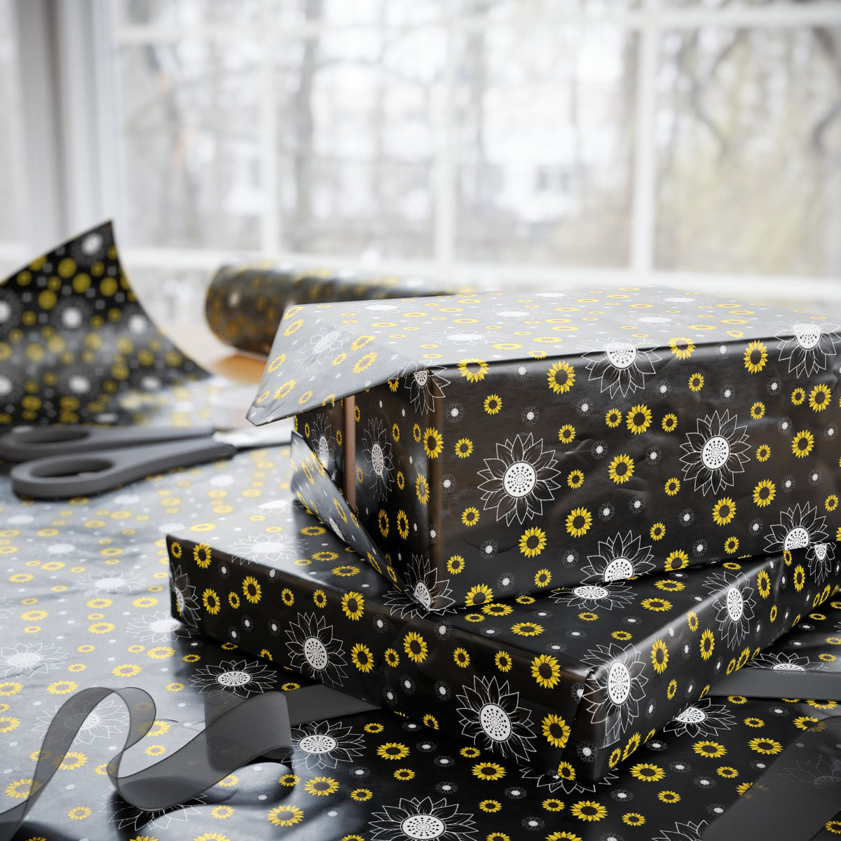Sunflower Doodles Wrapping Paper Roll — Black & Yellow Floral Gift Wrap