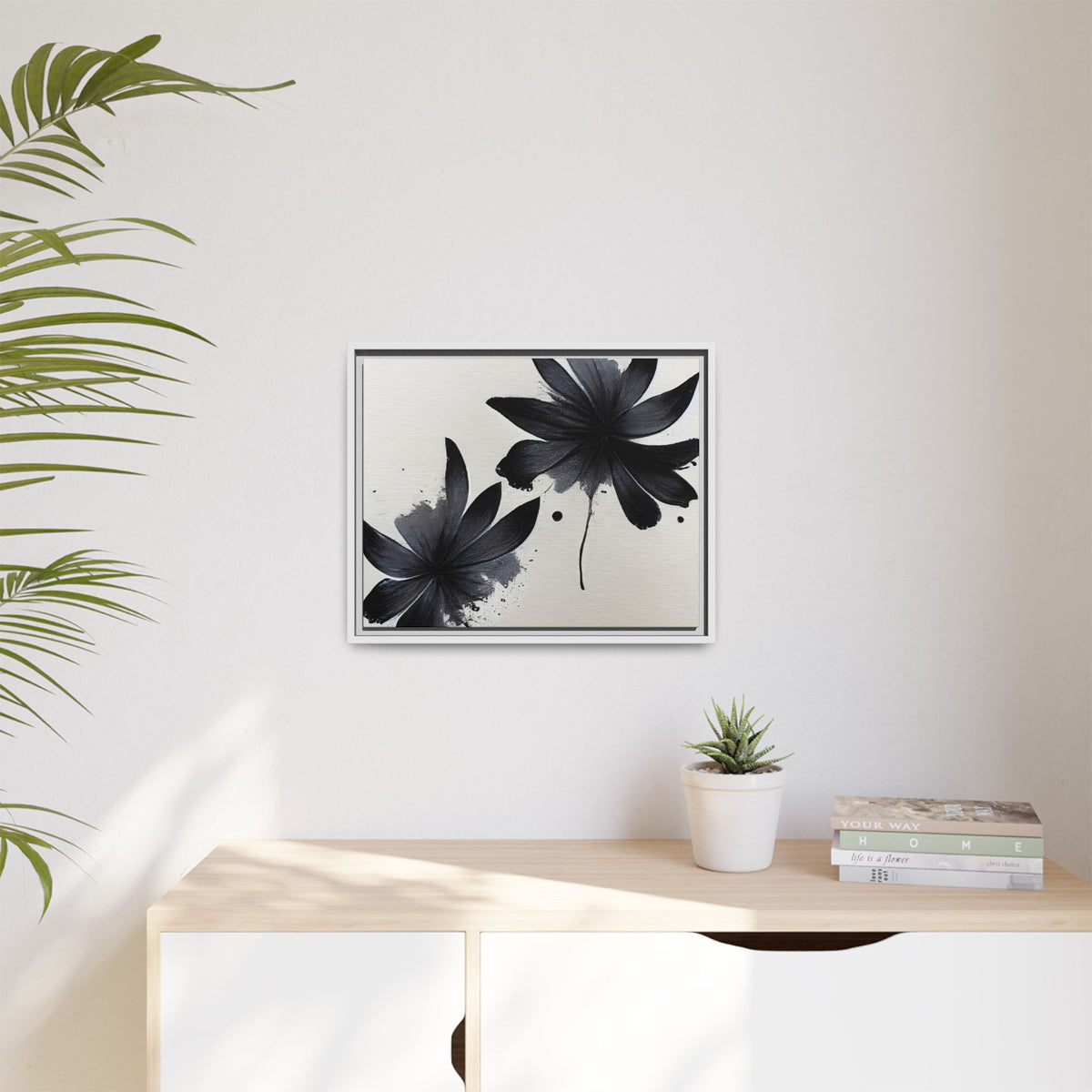 Framed Black Floral Matte Canvas Wall Art — Monochrome Botanical Print
