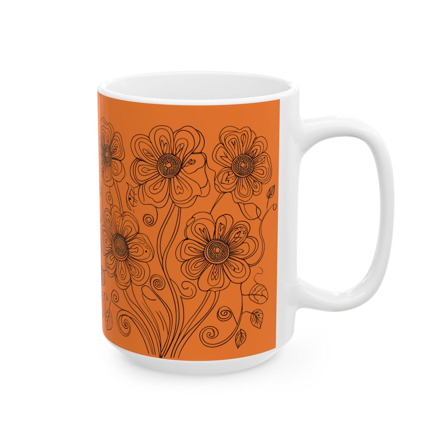 Orange Floral Ceramic Mug — Hand-Drawn Flower Pattern Coffee Tea Cup (11oz, 15oz)