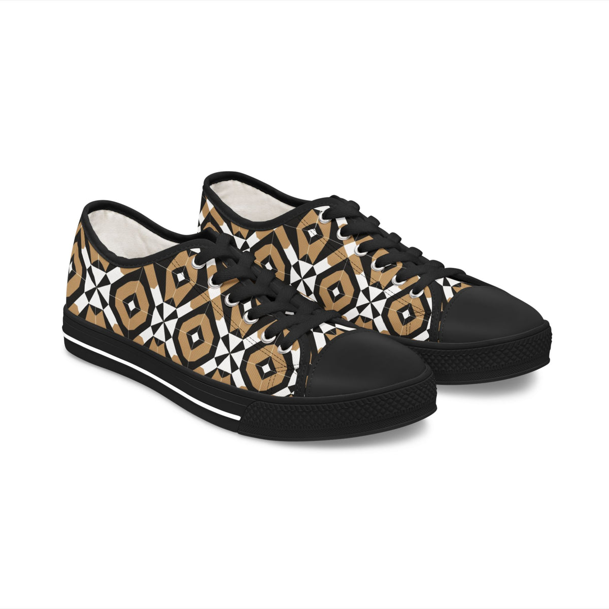 Low Top Sneakers — Geometric Tan & Black Aztec Pattern