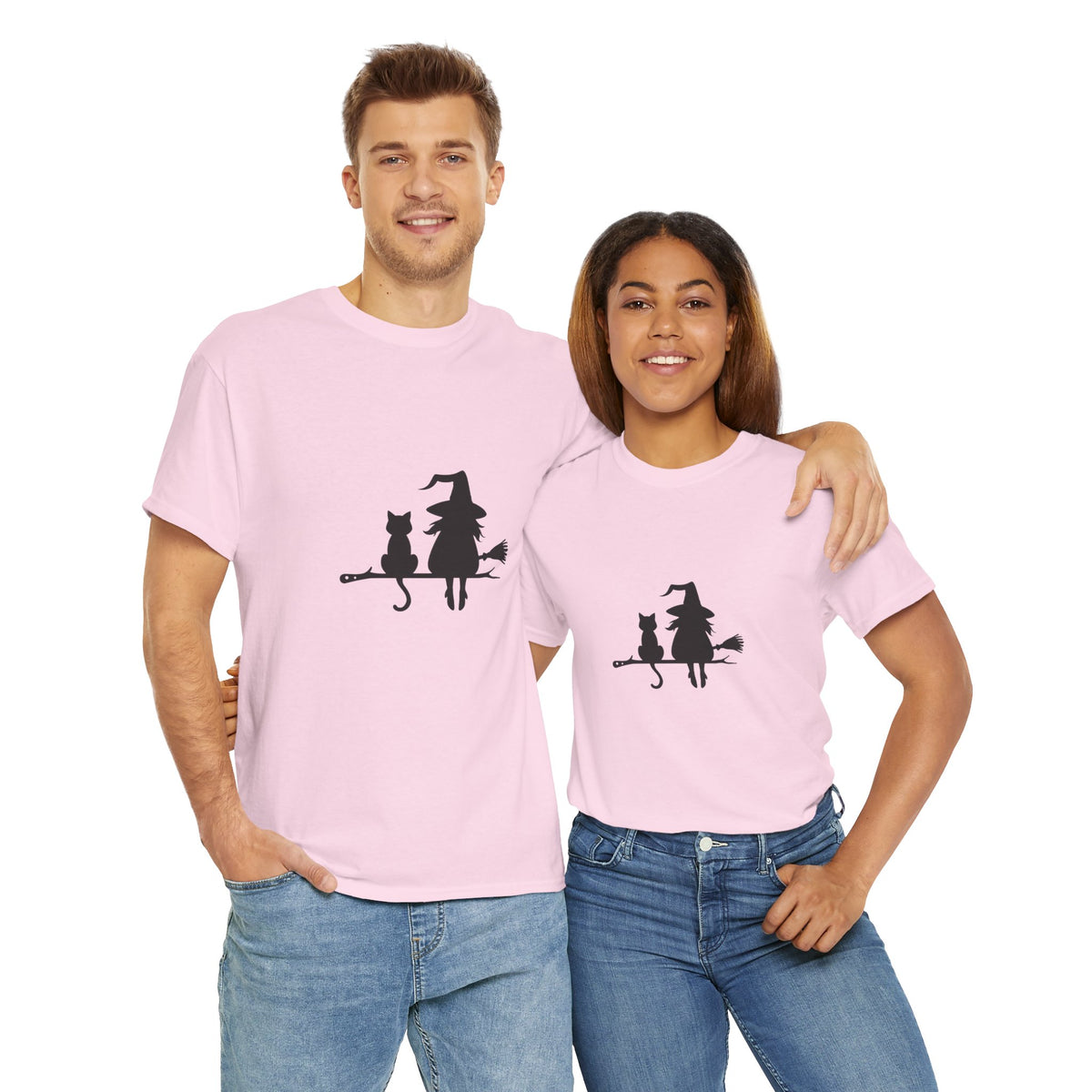 Witch and Cat Tee | Spooky Unisex Shirt for Halloween | Cute Witchwear for Cat Lovers | Fall Wardrobe Essential | Gift for Magical Friends