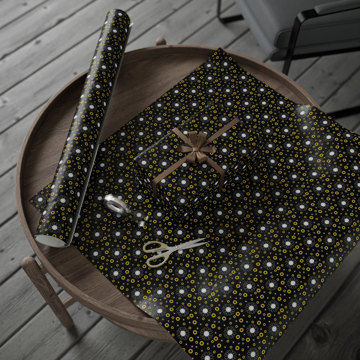 Sunflower Doodles Wrapping Paper Roll — Black & Yellow Floral Gift Wrap