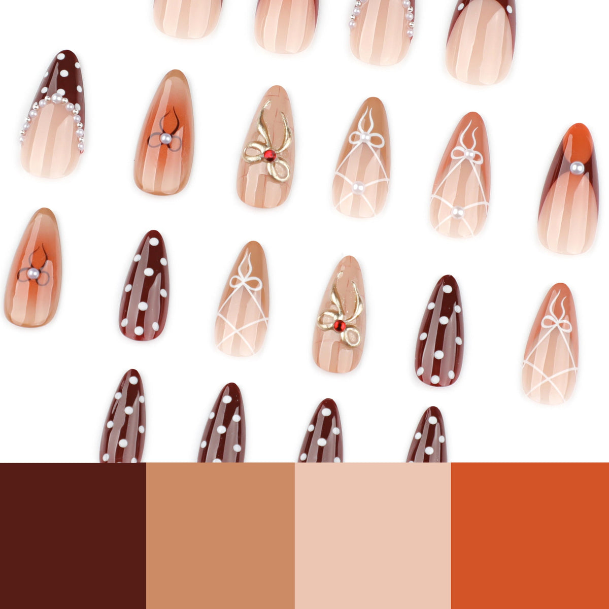 Brown Bow Art Nails with Playful Dot Details – Image 4