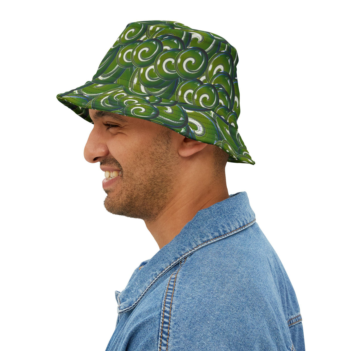 Green Swirl Pattern Bucket Hat – All-Over Print Casual Sun Hat