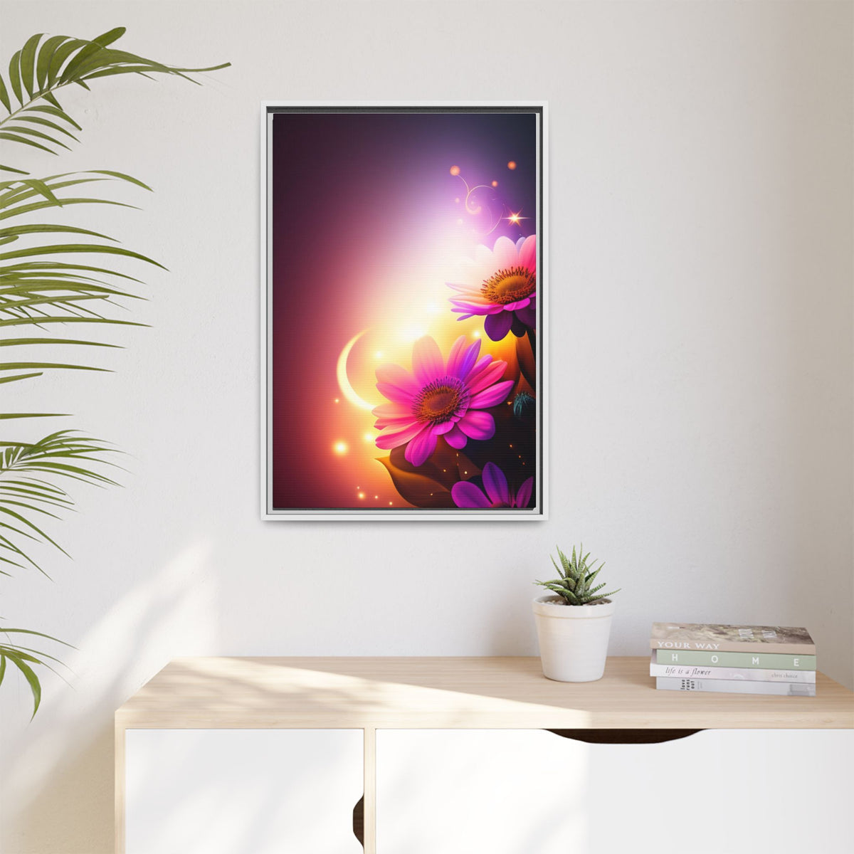 Framed Floral Canvas Art — Pink Daisies Sunset Wall Print