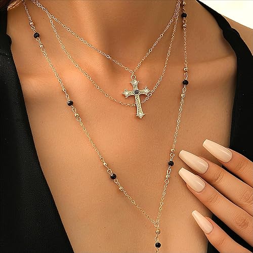 4PCS Layered Gold Cross Necklaces for Women Trendy, Bohemian Bead Pearl Y Long Pendant Necklace Set, Vintage Rosary Necklace Stack Adjustable Length