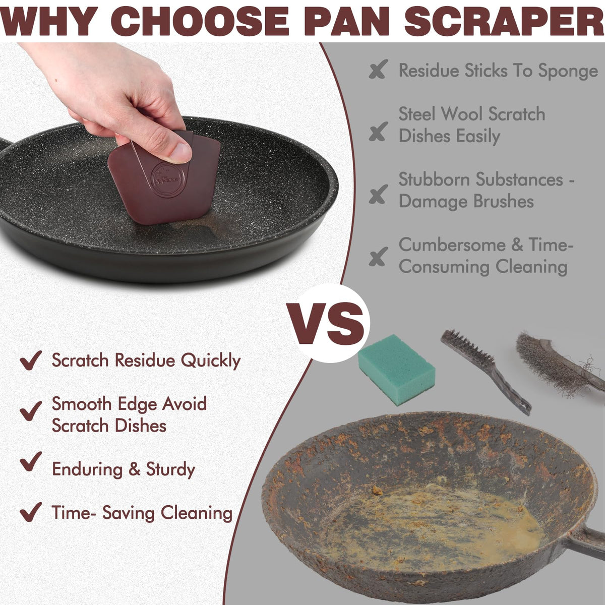 Pan Scraper Dish Scraper Tool - Pot Scraper Plastic for Cast Iron Skillet Cookware Cleaning, 3 Pcs Non Scratch Plastic Food Scraper Tool Kitchen, Heat Resistant Kitchen Scraper, Brown