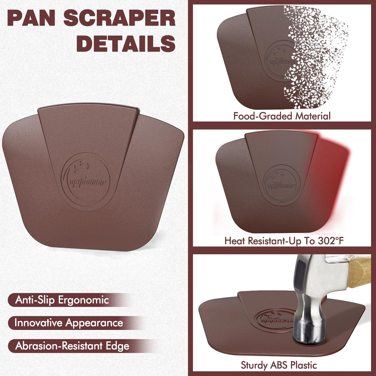 Pan Scraper Dish Scraper Tool - Pot Scraper Plastic for Cast Iron Skillet Cookware Cleaning, 6 Pcs Non Scratch Plastic Food Scraper Tool Kitchen, Heat Resistant Kitchen Scraper, Brown