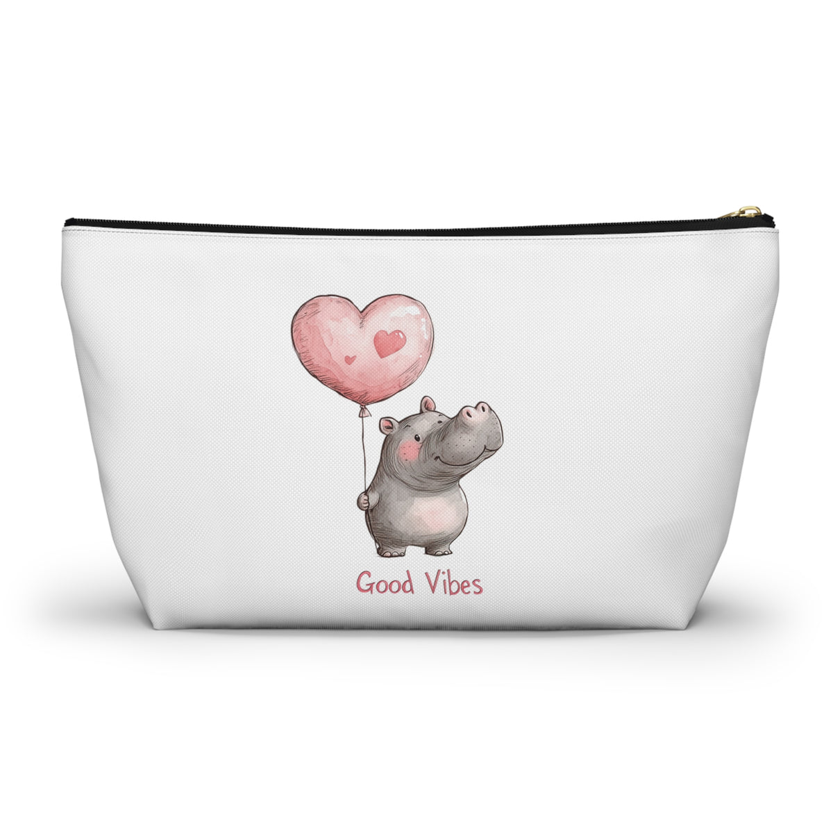 Good Vibes Hippo Accessory Pouch, Cute Makeup Bag, Gift for Animal Lovers, Fun Travel Organizer, Heart Balloon Design
