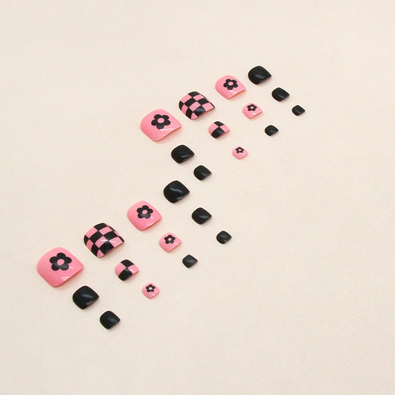 Press-on toenails flower checkerboard nail art sweet cool white black pink Press-on toenails press-on nails – Image 3