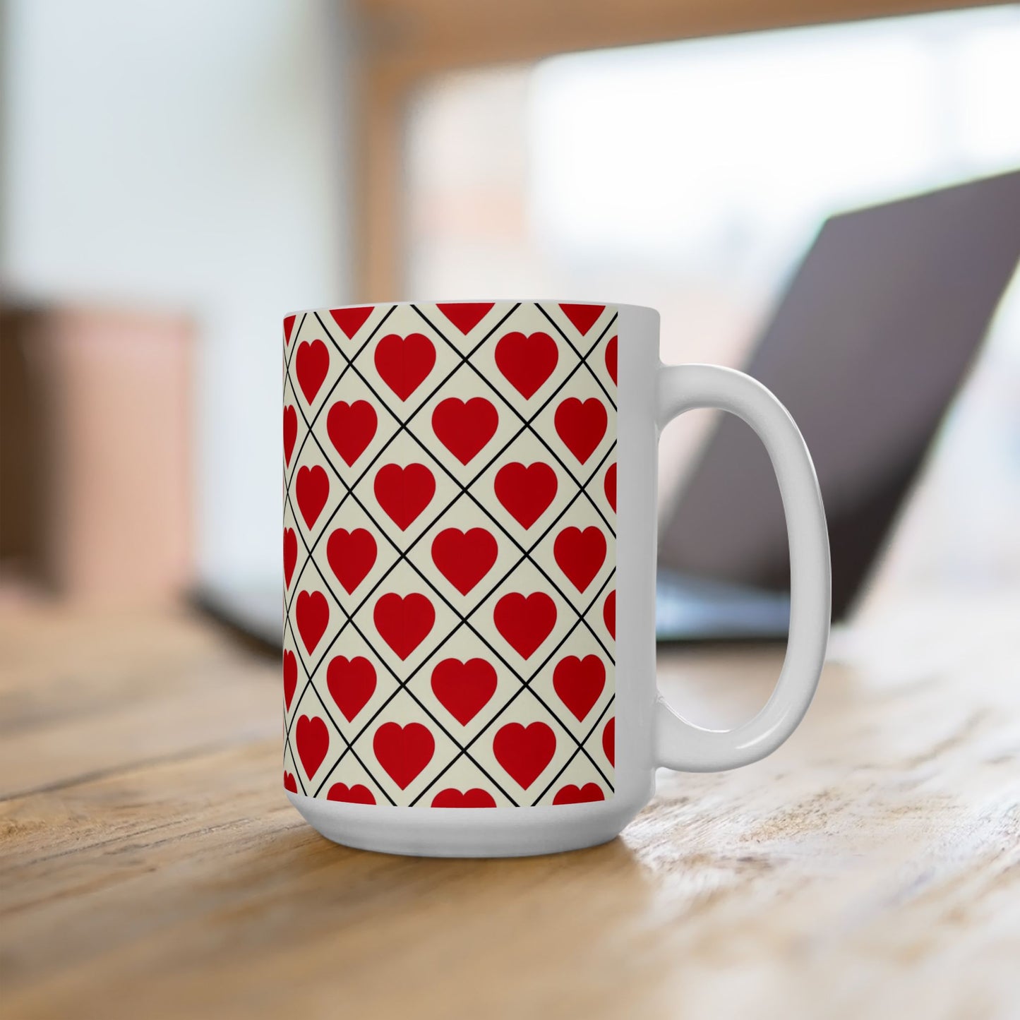 Heart Pattern Ceramic Mug – Red Hearts Grid Coffee Cup (11oz, 15oz)