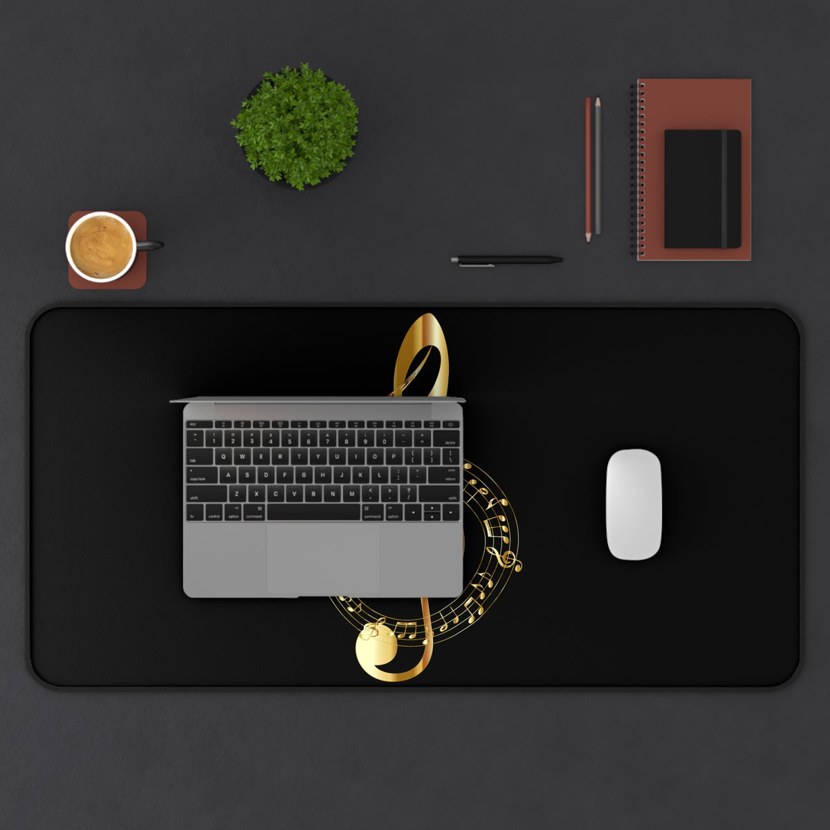 Gold Treble Clef Desk Mat — Elegant Musician Mouse Pad