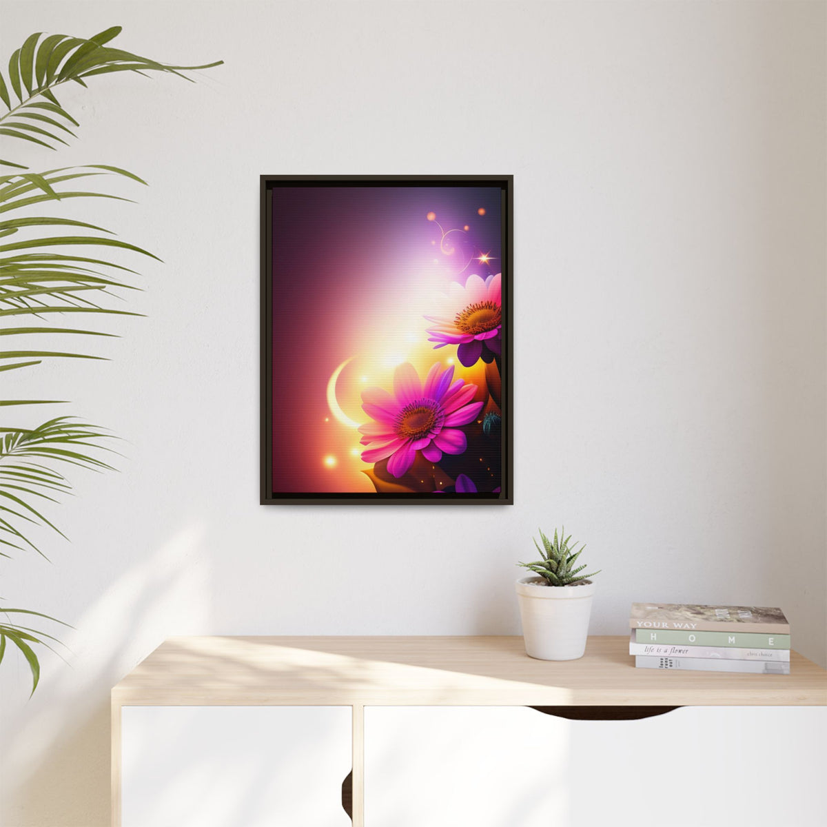 Framed Floral Canvas Art — Pink Daisies Sunset Wall Print