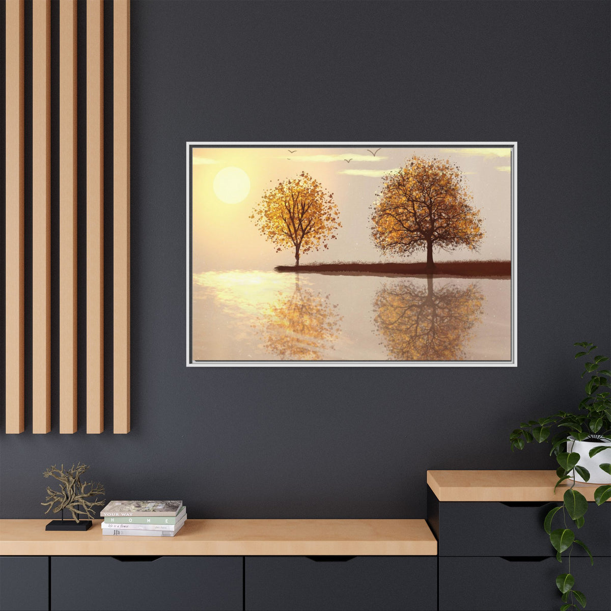 Framed Matte Canvas Wall Art — Golden Autumn Trees Reflection