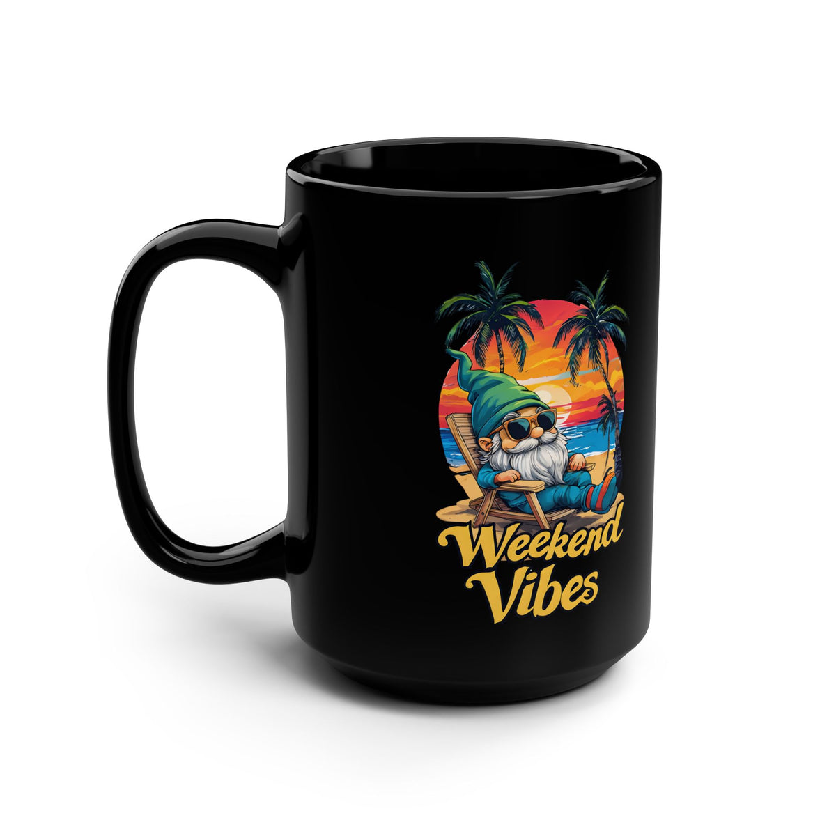 Weekend Vibes Mug — Tropical Sunset Gnome 15oz Black Coffee Cup