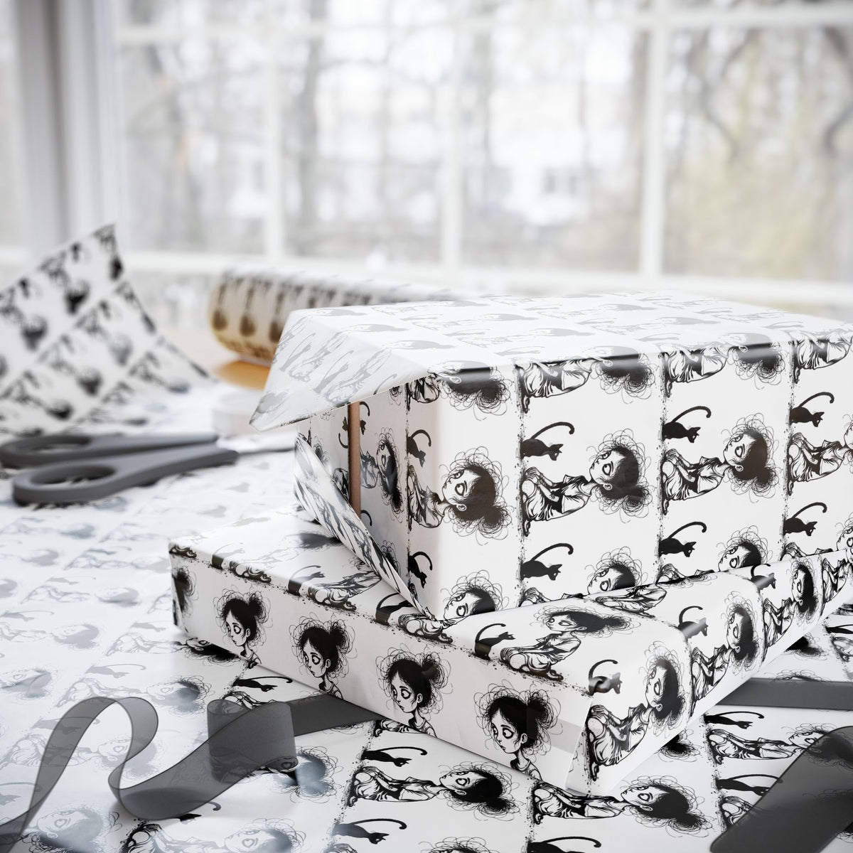 Wrapping Paper Roll — Black & White Repeating Eye Pattern
