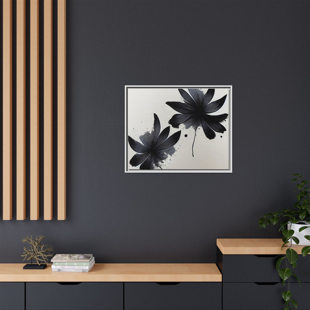 Framed Black Floral Matte Canvas Wall Art — Monochrome Botanical Print