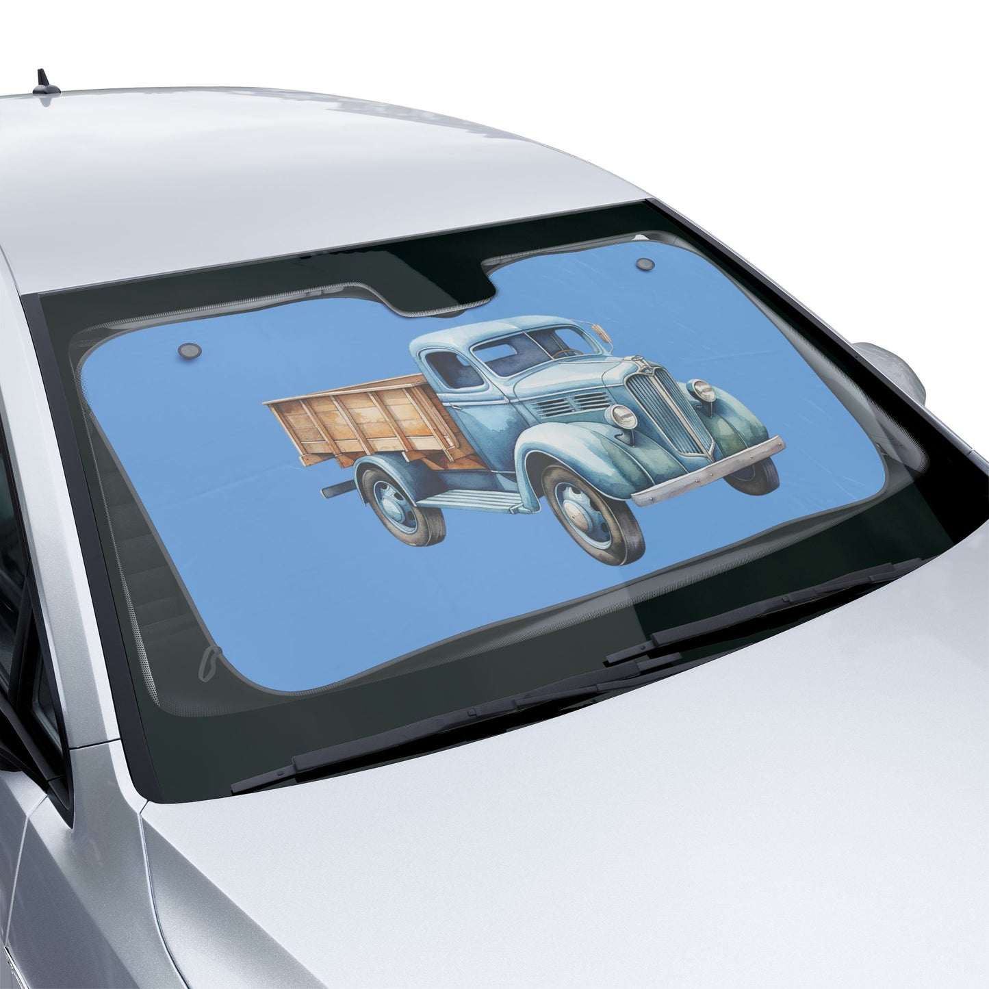 Vintage Blue Pickup Truck Car Sun Shade — Retro Farmhouse Windshield Sunshade