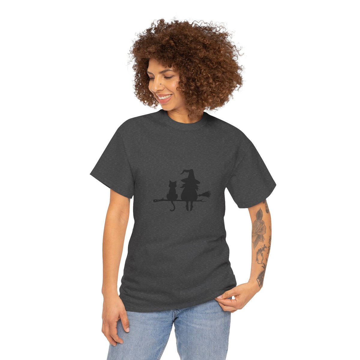 Witch and Cat Tee | Spooky Unisex Shirt for Halloween | Cute Witchwear for Cat Lovers | Fall Wardrobe Essential | Gift for Magical Friends