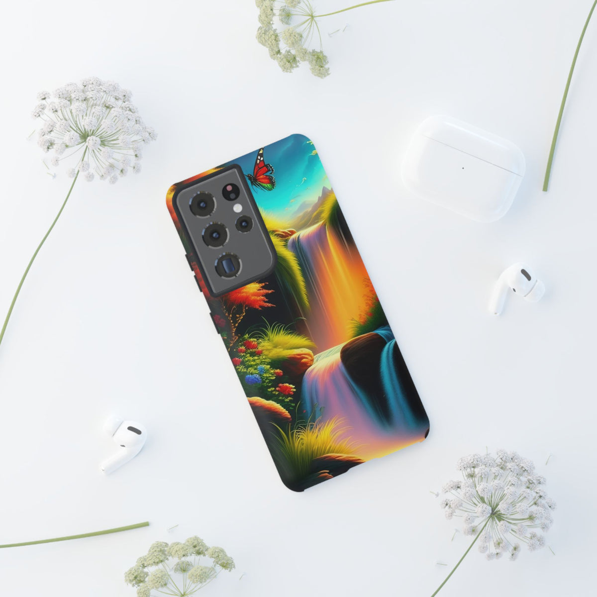 Phone Case - Vibrant Waterfall Landscape with Butterfly | Colorful Nature Protective Case