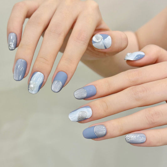 365nails: "Misty Marble" – Matte Blue French Tip Handmade Short Square Nails – Image 2
