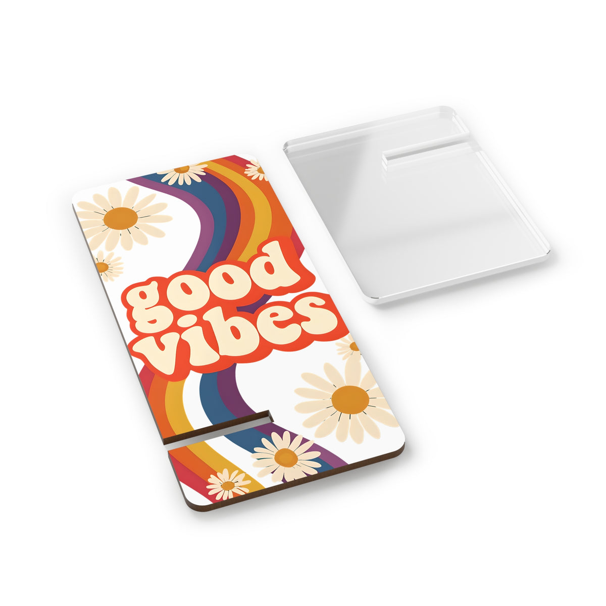 Good Vibes Mobile Display Stand, Phone Holder, Desk Organizer, Cute Gift for Students, Minimalist Home Decor, Rainbow Design