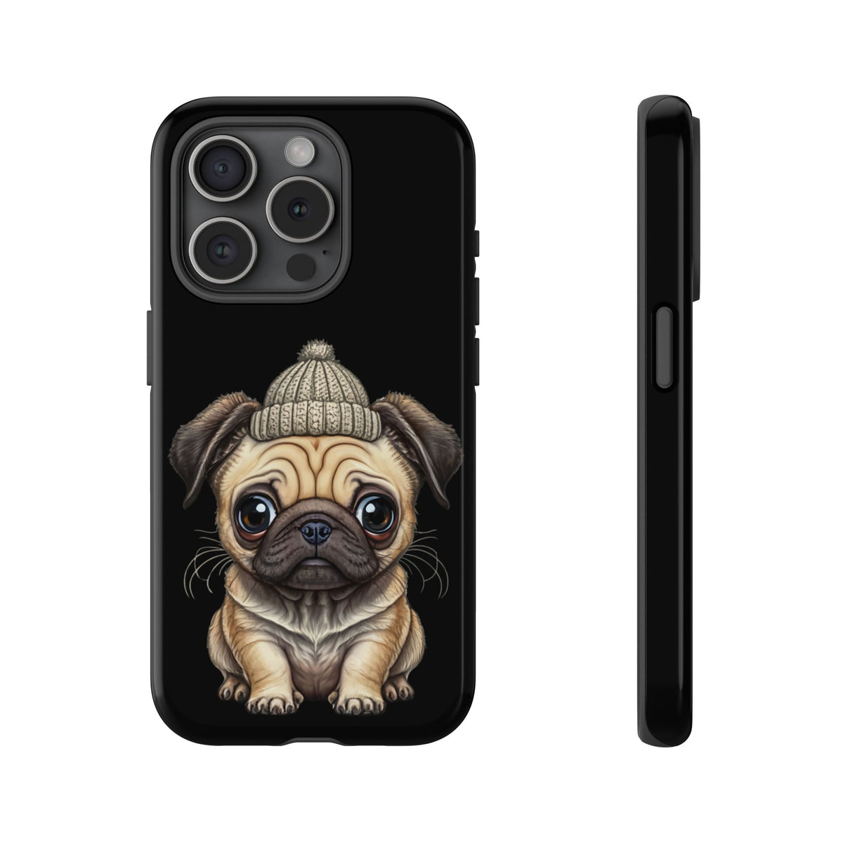 Pug Phone Case – Cute Pug Puppy Illustration on Black Tough Case