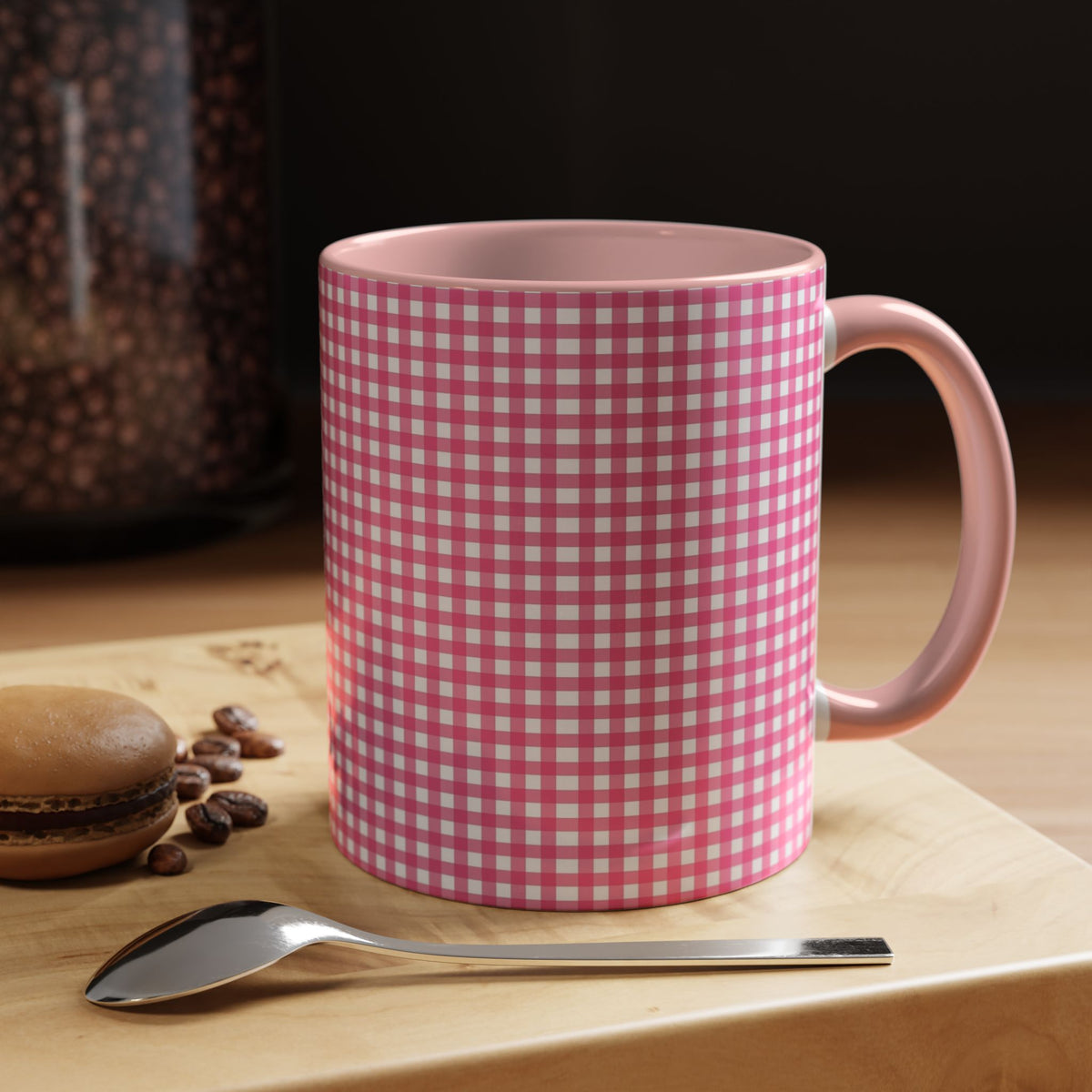 Pink Gingham Accent Coffee Mug, Cute Kitchen Decor, Gift for Coffee Lovers, Home Office Mug, Spring and Summer Vibes