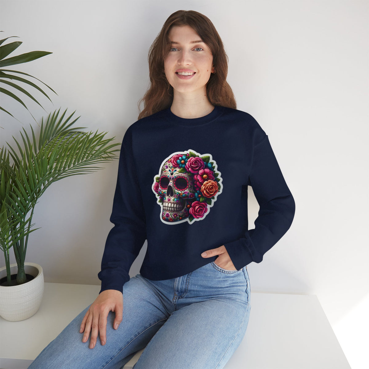 Sugar Skull Crewneck Sweatshirt — Floral Day of the Dead Graphic