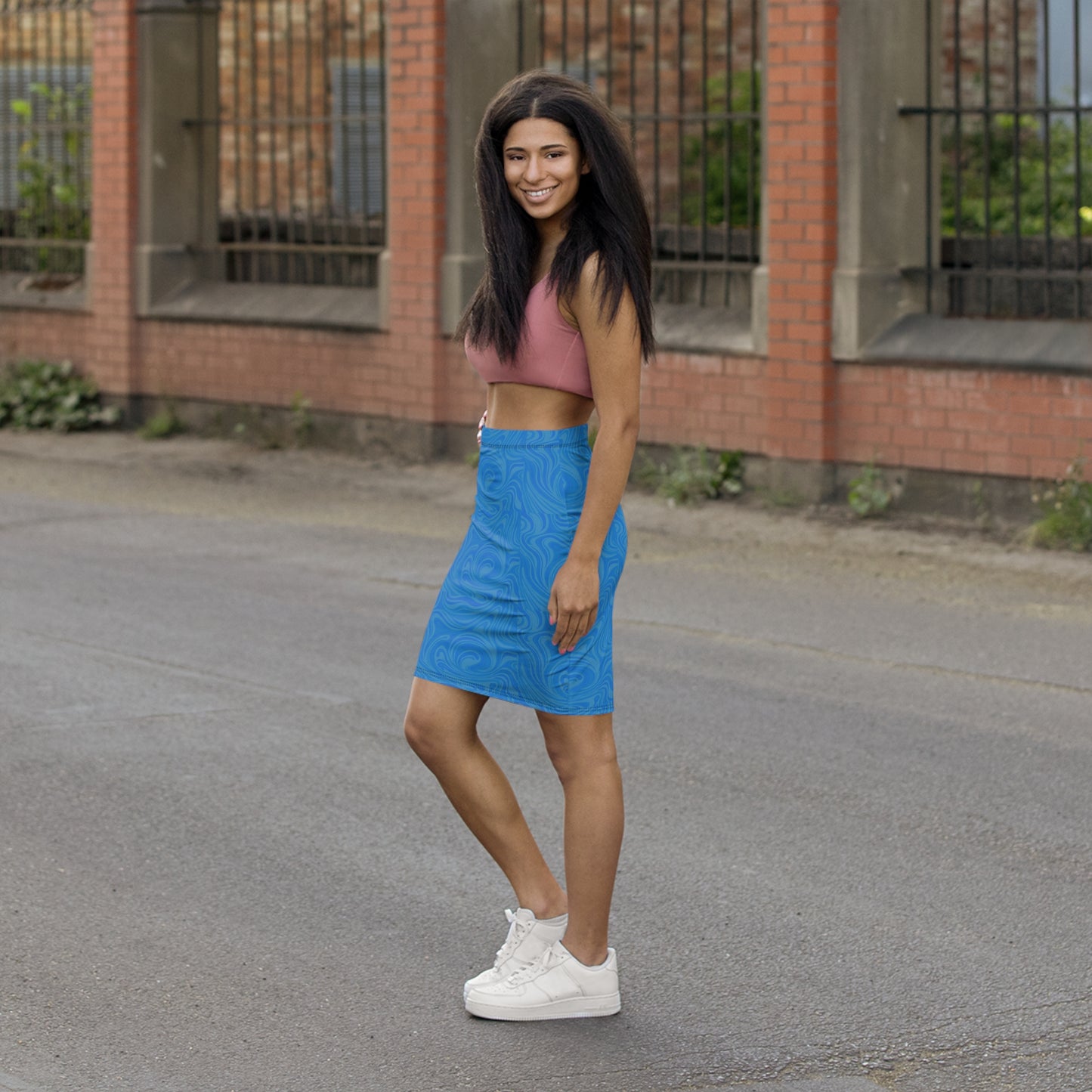 Blue Swirl Pencil Skirt — Women's Mid-Waist Retro Wave Print