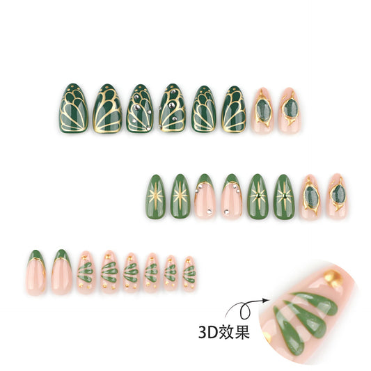 Green Gem Inspired Nails with Gold Metallic Accent Details – Image 2