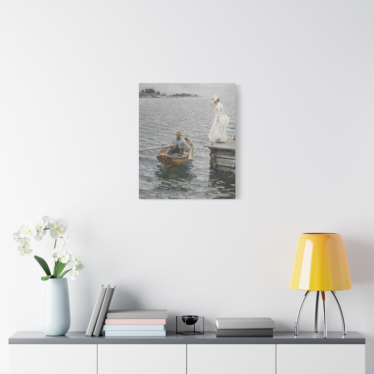 Seaside Stroll Canvas Print — Vintage Woman & Rowboat Matte Stretched Art 1.25"