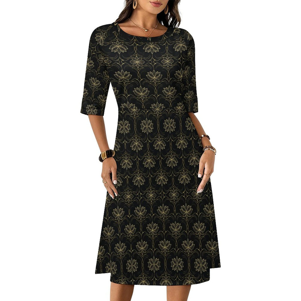Round Neck 3/4 Sleeve Long Dress