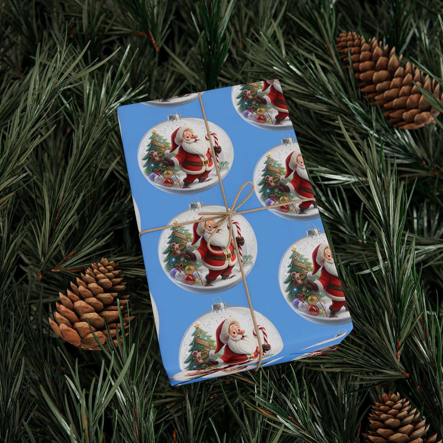 Santa Ornament Pattern Wrapping Paper – Blue Christmas Gift Wrap Roll
