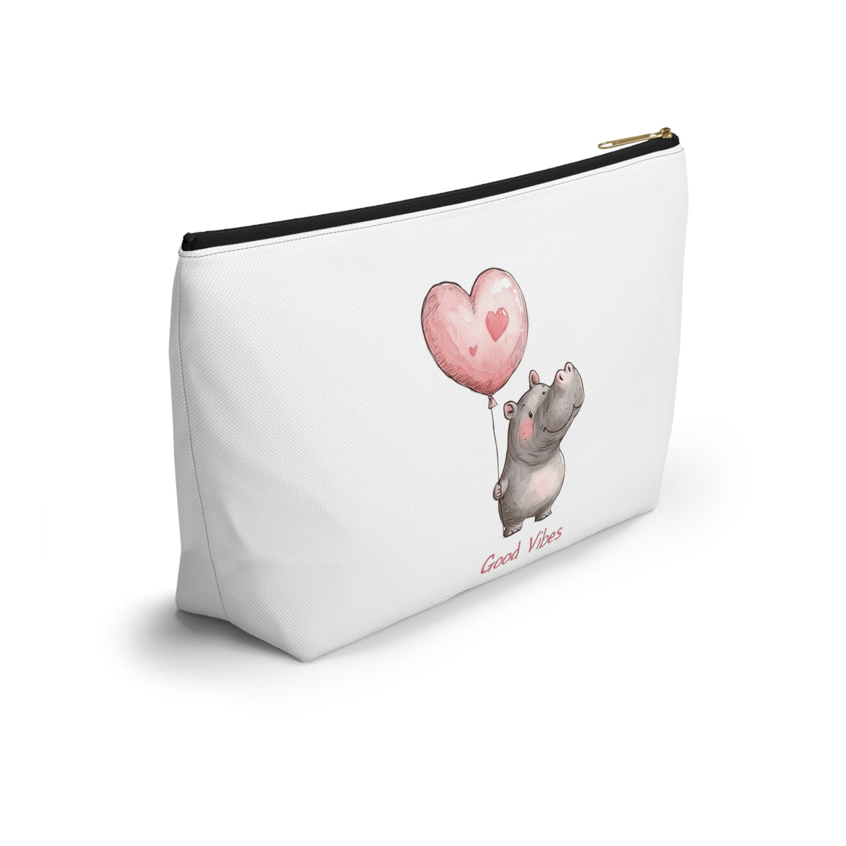 Good Vibes Hippo Accessory Pouch, Cute Makeup Bag, Gift for Animal Lovers, Fun Travel Organizer, Heart Balloon Design