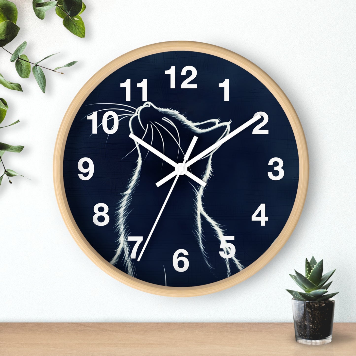 Moonlit Cat Wall Clock | Night Sky Silhouette, Minimal Numerals